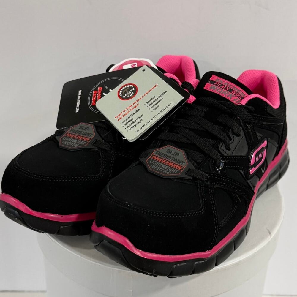 Skechers Work Slip Resistant Safety Toe Shoes Memory Foam Women's 6.5 Black Pink